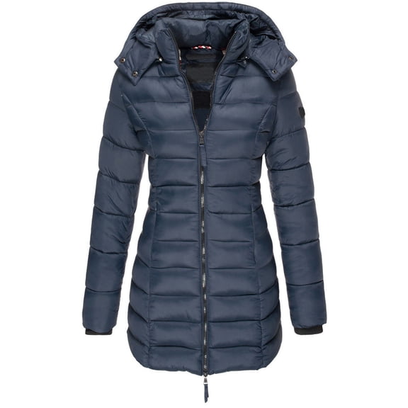 Fashion Women Hooded Removable Outwear Ladies Warm Coat Long Padded Slim Jacket for Winter, in Navy Blue, Size S