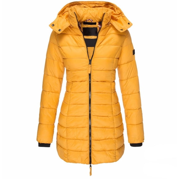 Fashion Women Hooded Removable Outwear Ladies Warm Coat Long Padded Slim Jacket for Winter, in Yellow, Size L