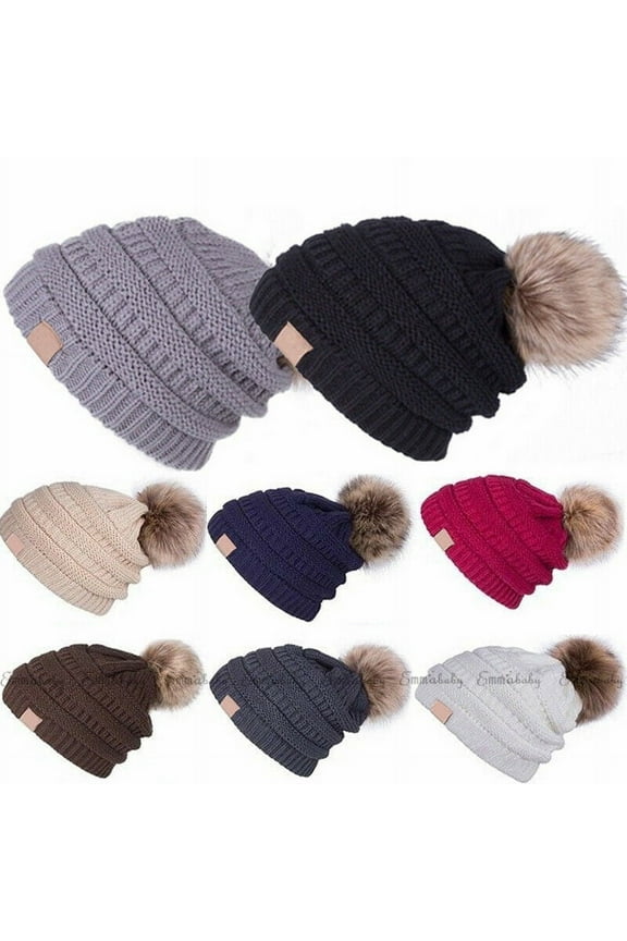 Fashion Women Ladies Winter Beanie Hat Warm Knitted With Small Crystals Large Pom Pom Hats