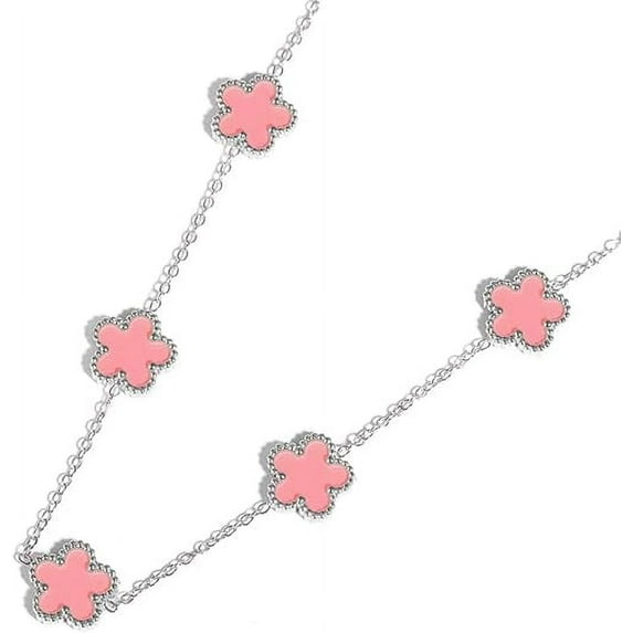 Fashion Women Lady Silver Pink Cubic Zirconia Five Leaf Clover Cute Lucky Necklace Geometric Sweet Romantic Jewelry Perfect Gift