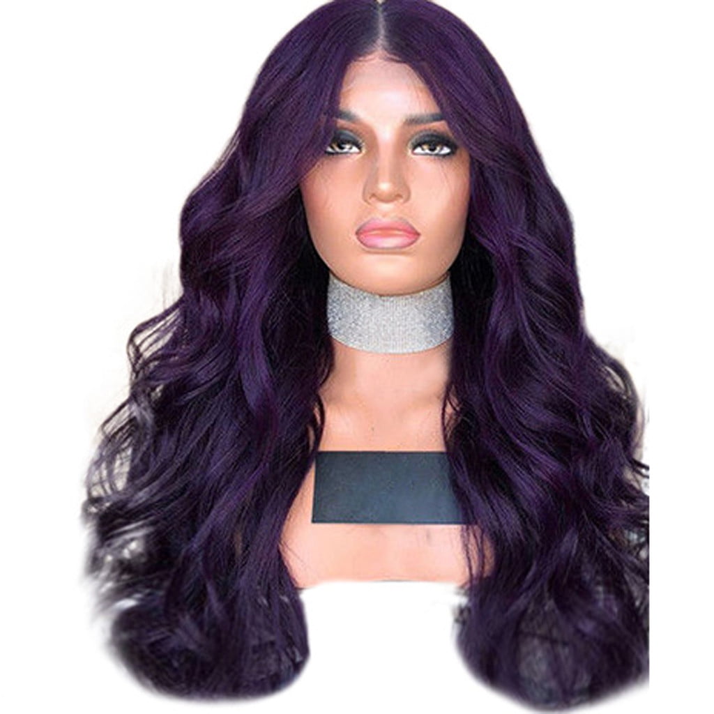 Long Women Purple Wavy Synthetic Hair Full Wig Long Wavy Violet Wig, Skunk Stripe Synthetic Hair, Middle  main image 3