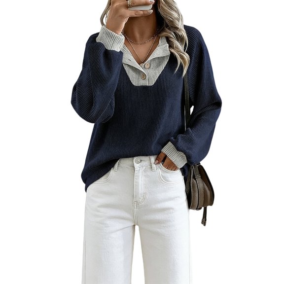 Fashion Women Long Sleeve Shirts, Patchwork Button Up V Neck Sweatshirt, Casual Pullover Tops Navy Blue XXL