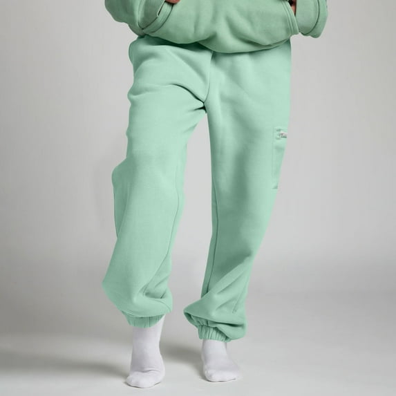 Fashion Women Loose Joggers Solid Color Sweatpants Fleece Lined Warm Trousers Loungewear Sports Pants with Pockets Green 4XL