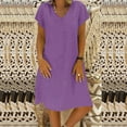 thumbnail image 1 of Fashion Women Loose V-Neck Summer Solid Short Sleeve Cotton And Linen Dress Purple 6, 1 of 5
