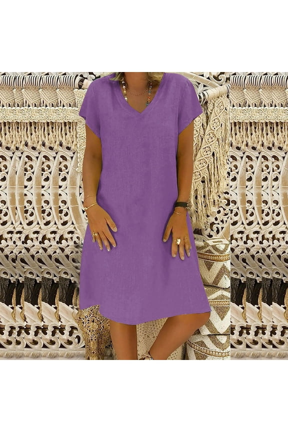 Fashion Women Loose V-Neck Summer Solid Short Sleeve Cotton And Linen Dress Purple 8