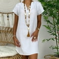 thumbnail image 1 of Fashion Women Loose V-Neck Summer Solid Short Sleeve Cotton and Linen Dress Clearance Clothing, 1 of 6