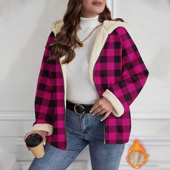 Fashion Women Oversized Fleece Lined Plaid Jackets Fall Winter Warm Long Sleeve Hooded Casual Coat Outwear New Oversized Jacket for Women Pinks M