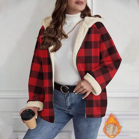 Fashion Women Oversized Fleece Lined Plaid Jackets Fall Winter Warm Long Sleeve Hooded Casual Coat Outwear New Womens Jackets Casual Fall Red XXL