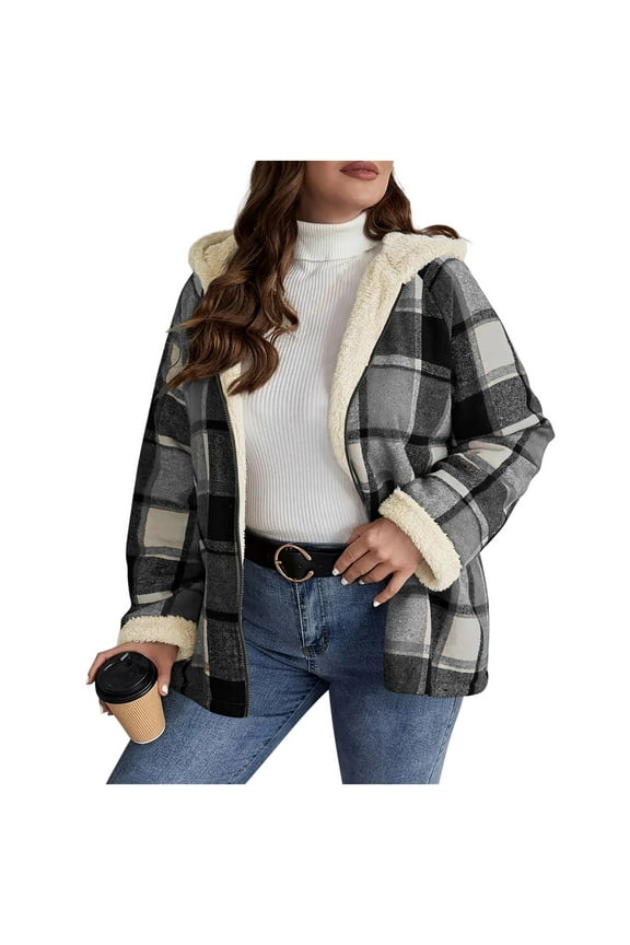 Fashion Women Oversized Jackets Zip Solid Casual Plaid Coat Long Sleeve Hooded Casual Outwear Jackets Pockets Tops