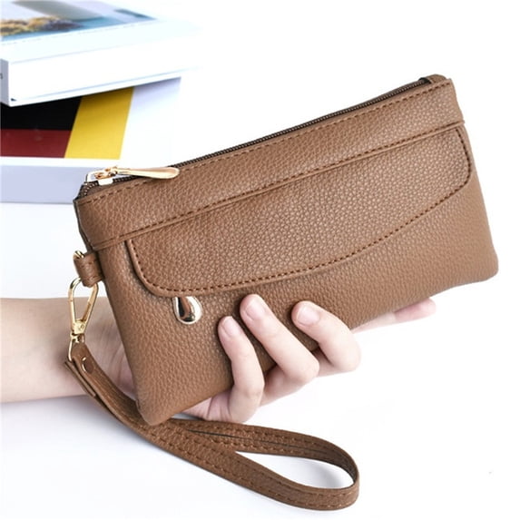 Fashion Women PU Leather Wallet Long Purse, Handheld Clutch with Wrist Strap, Coin and Card Holder for Shopping and Commute, Lightweight(Brown)