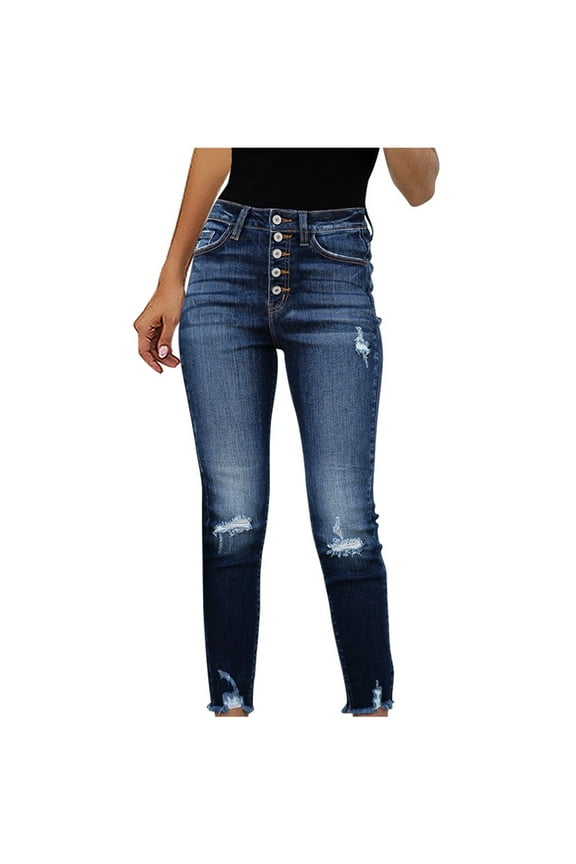 Fashion Women Pockets Button High Waist Skinny Ripped Trousers Hole Pants Summer Fashion Olyvenn Fashion Womens Daily Tight Slim Fit Denim Full Length Jeans Dark Blue 6