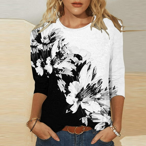 Fashion Women Printing Round Neck 3/4 Sleeve T-shirt Pullover Round Neck Top Blouse Silk Button Up Red Short Sleeve Crop Top Deep V Long Sleeve Shirt Broderie Anglaise Blouse