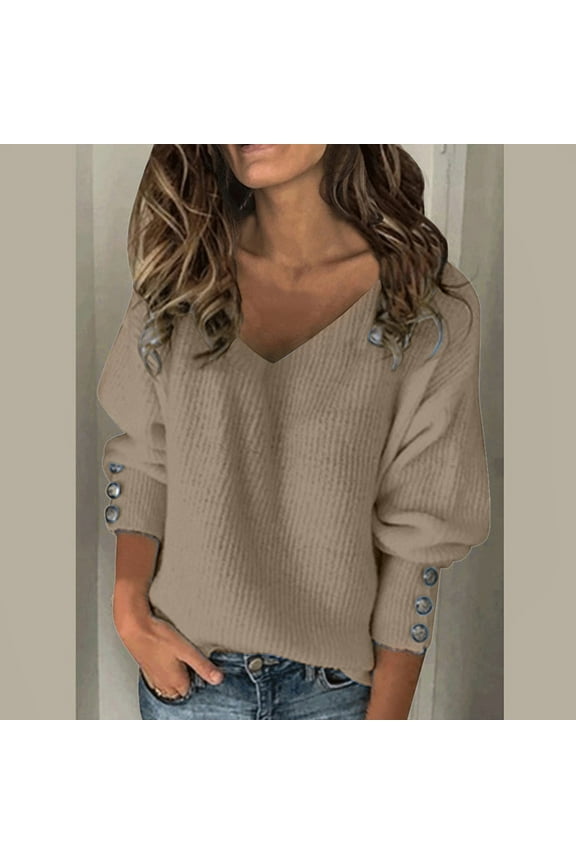 Fashion Women Pure Color V- Button Knit Sweater Autumn And Winter Warm Top Blouse Men Sweater Hoodie Huge Sweaters Turtleneck for Women Mens Soft Sweatshirt Zip Knit Sweater Fall Sweaters for Men