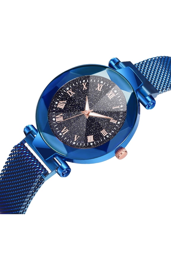Fashion Women Quartz Wrist Watch Magnet Button Mesh Strap Wristwatch Round Dial Alloy(Blue)