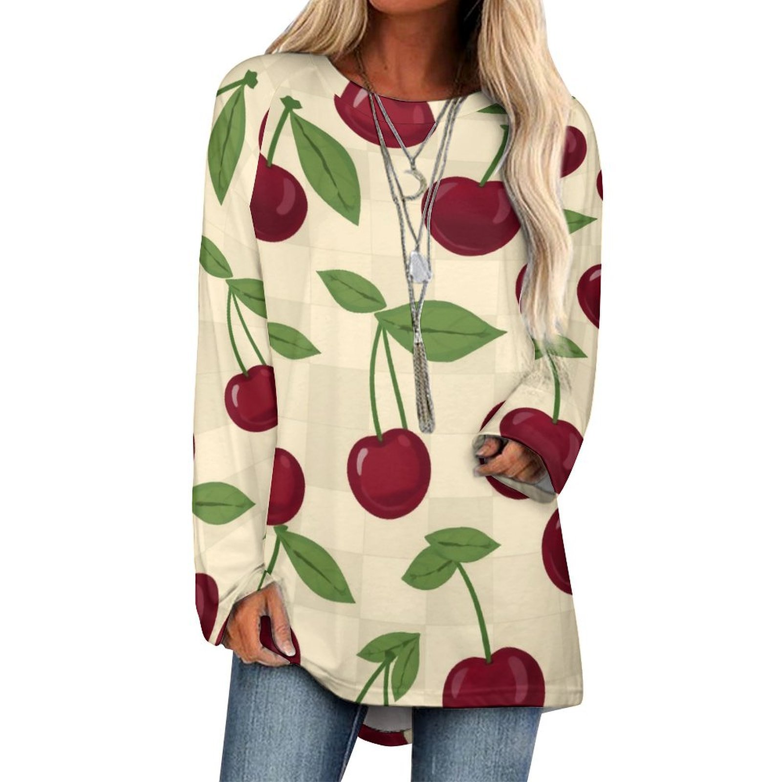 Cherry Pattern Print Women Off Shoulder Sweatshirt