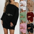 thumbnail image 1 of Fashion Women Sexy Solid Sleeve Off Shoulder Long Sleeves Sweater Dress, Fall and Winter Casual Wear with Lantern Sleeves, Elegant and Comfortable,Black,L, 1 of 9