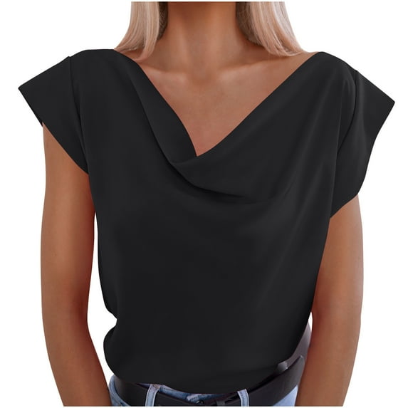 Fashion Women Short Sleeve Comfortable Breathable V-Neck Blouse Shirt, Solid Color, Wave Collar, Casual and Stylish, Perfect for Daily Wear, Office, and Weekend Outfits in Warm Weather