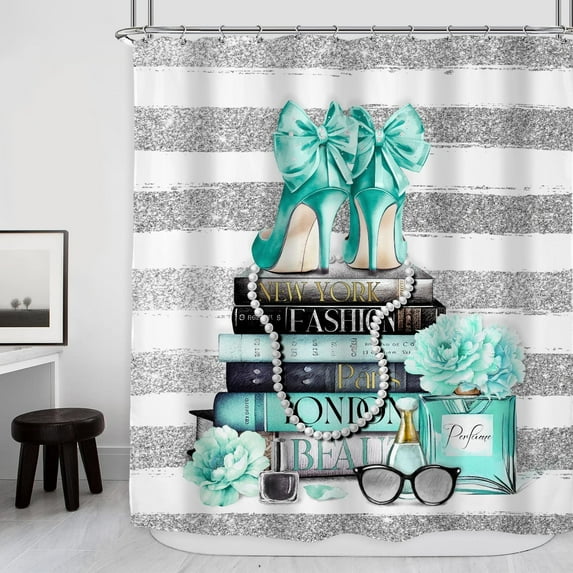 Fashion Women Shower Curtain 72Wx72H Inch Modern Teal Silver Magazine Book Girly White Stripe Rose Flower High Heel Makeup for Girls Bathroom Decor Fabric Polyester Waterproof 12 Pack Hooks