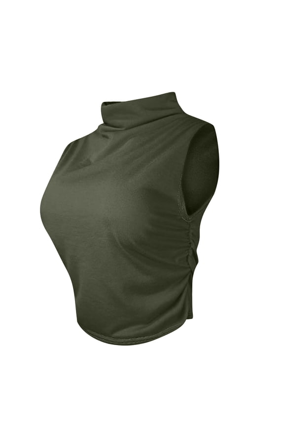 Fashion Women Sleeveless Solid T-Shirt Blouse Vest, Half High Neck, Slim Fit Cropped Top, Wrinkled Design, Stylish and Comfortable Summer Top, Versatile Casual Wear for Daily Activities and Outings