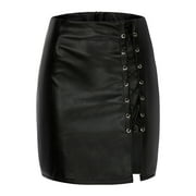 Fashion Women Solid Color Bandage Short Skirt High Waist Leather Mini Skirt Club Basic Leisure Dailywear