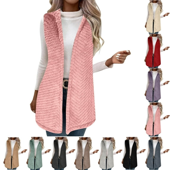 Fashion Women Solid Color Vest Sleeveless Open Front Long Cardigan Plus Size Flannel Coat Winter Warm Fuzzy Coat with Pockets Sleeveless Fleece Jacket Long Warm Winter Coat Outerwear