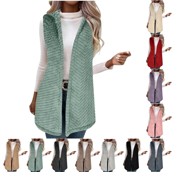 Fashion Women Solid Color Vest Sleeveless Open Front Long Cardigan Plus Size Flannel Coat Winter Warm Fuzzy Coat with Pockets Sleeveless Fleece Jacket Long Warm Winter Coat Outerwear