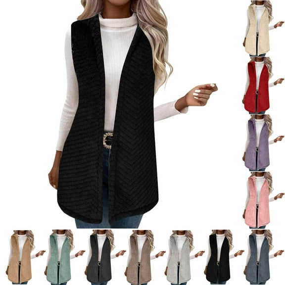 Fashion Women Solid Color Vest Sleeveless Open Front Long Cardigan Plus Size Flannel Coat Winter Warm Fuzzy Coat with Pockets Sleeveless Fleece Jacket Long Warm Winter Coat Outerwear