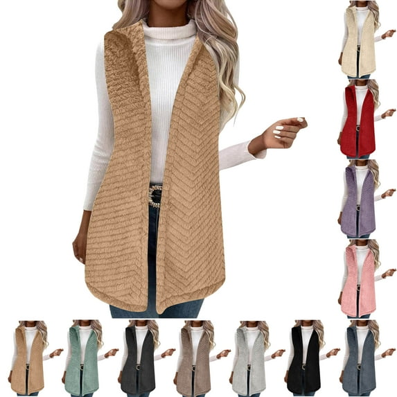 Fashion Women Solid Color Vest Sleeveless Open Front Long Cardigan Plus Size Flannel Coat Winter Warm Fuzzy Coat with Pockets Sleeveless Fleece Jacket Long Warm Winter Coat Outerwear