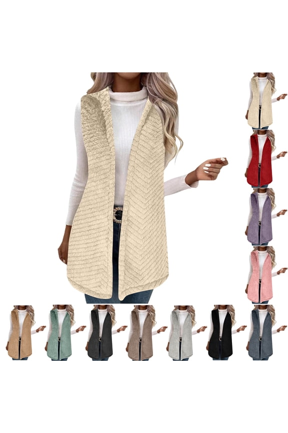 Fashion Women Solid Color Vest Sleeveless Open Front Long Cardigan Plus Size Flannel Coat Winter Warm Fuzzy Coat with Pockets Sleeveless Fleece Jacket Long Warm Winter Coat Outerwear