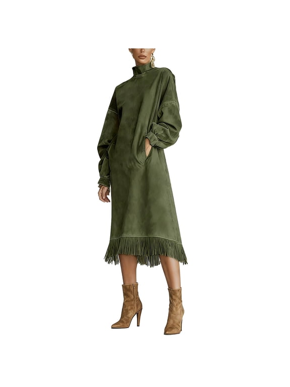 Womens Faux Suede Western Vintage Midi Dress Fashion Women Solid Long Sleeve Pockets Dress with Tassels Hemline and Deep Turtleneck Dresses Fashion Party Evening Events