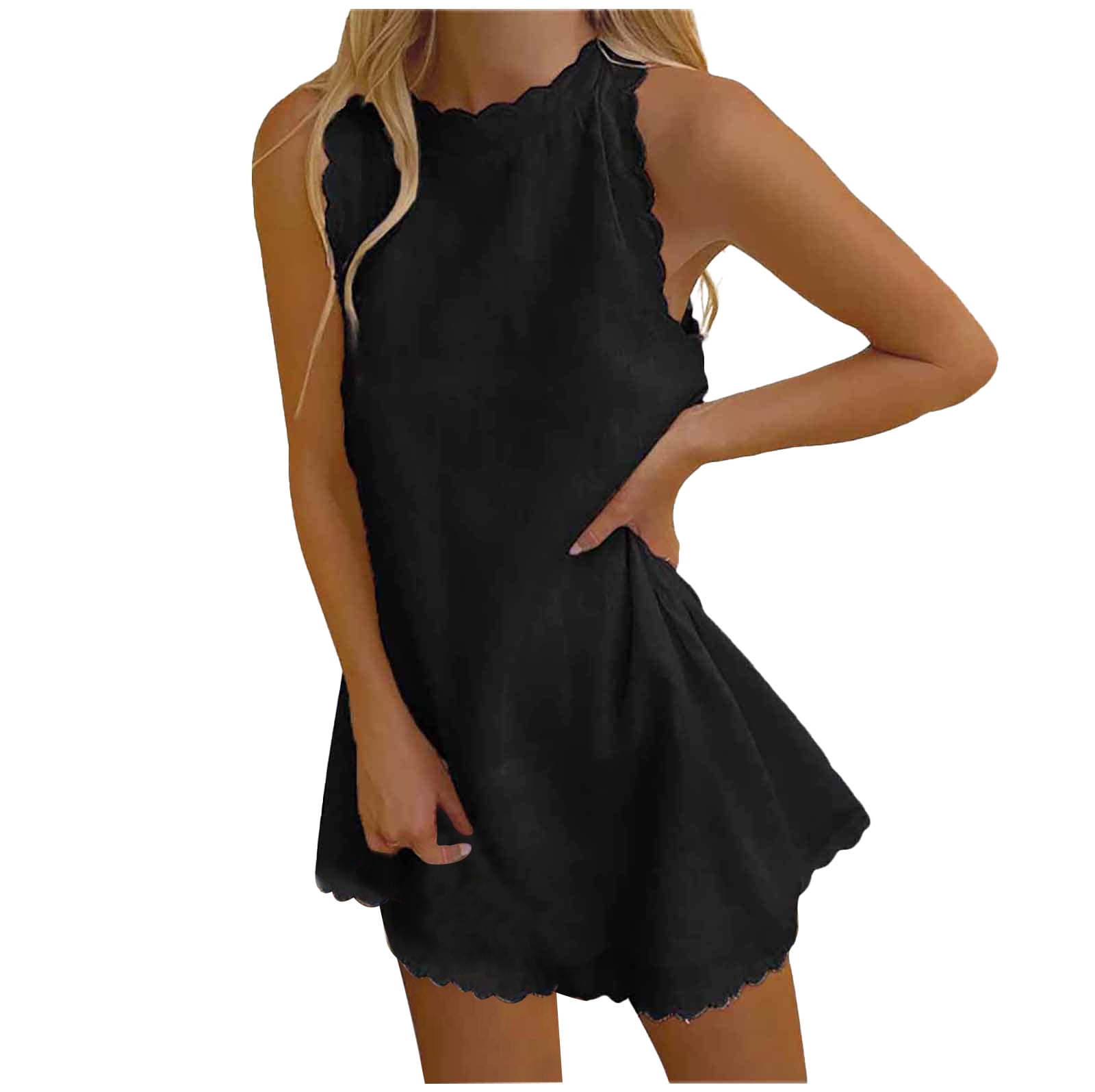 Fashion Women Solid Mini Dresses 2022 Scallop Trim Sleeveless Tank Sundress  Casual Shift Short Dress - Walmart.com