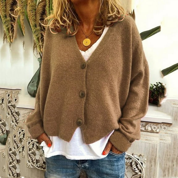 Fashion Women Solid V-Neck Buttons Casual Stretchy Knitted Sweater Cardigan Coat Button Cardigan Sweater Maternity Cardigan Sweaters for Women Summer Sheer Cardigans for Women Light Cardigan for Women