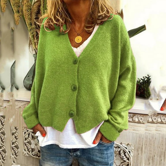 Fashion Women Solid V-Neck Buttons Casual Stretchy Knitted Sweater Cardigan Coat Button Cardigan Sweater Maternity Cardigan Sweaters for Women Summer Sheer Cardigans for Women Light Cardigan for Women