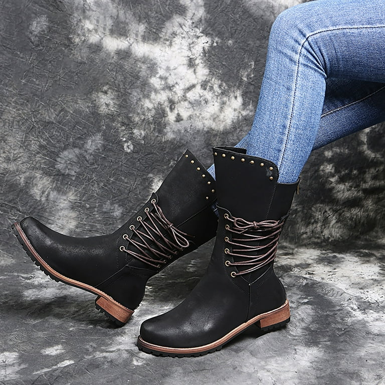 Fashion Women Square Heel Buckle Strap Solid Color Mid Boot Keep Warm Snow Boots