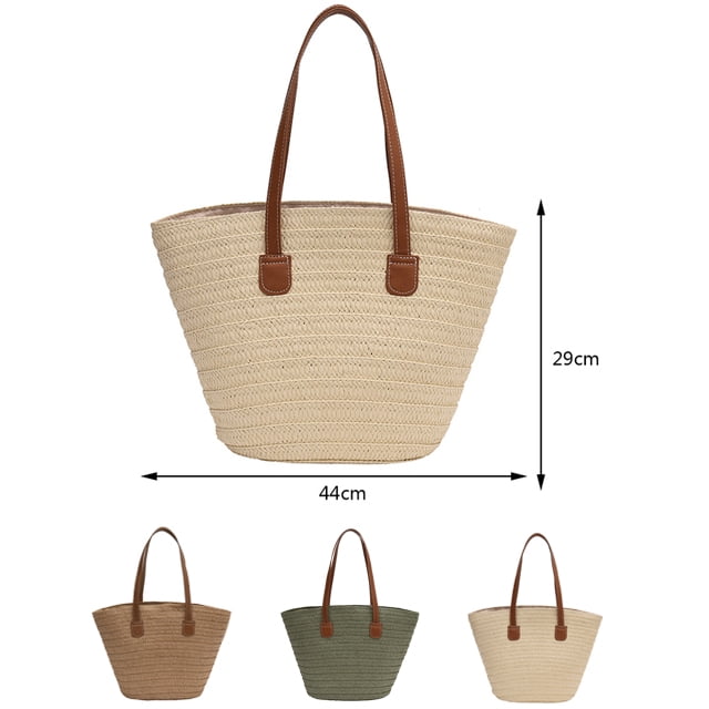 Multitrust Straw Woven Hand Bag for Women Summer, 11 Inch Casual Beige  Bohemia Beach Travel Tote Bag 