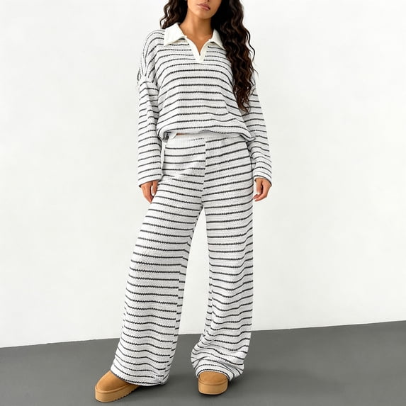 Fashion Women Striped Knit Loungewear Outfits Long Sleeve Sweater Tops Long Pants Casual Sets Black L