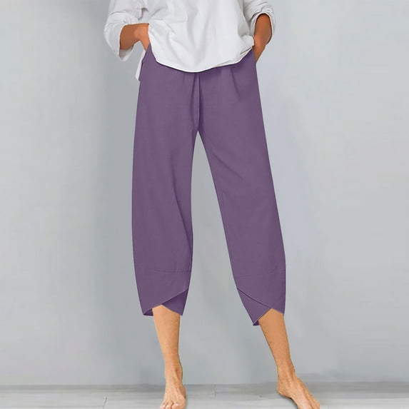 Fashion Women Summer Casual Loose Pockest Elastic Waist Solid Trousers Capris For Women Casual Summer Clearance Pants