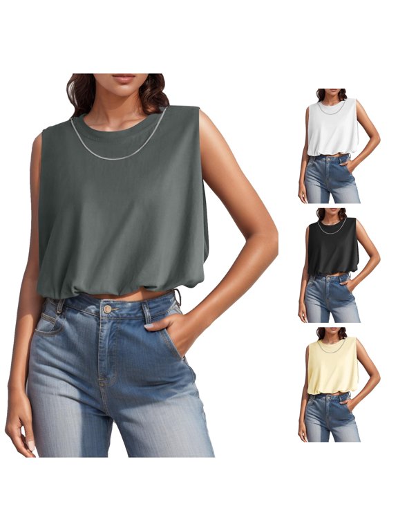 Fashion Women Summer Crop Tank Top Basic Crew Neck Sleeveless Loose Fit Cropped Tee Shirts Women Running Long Sleeve Women Workout Tops Short Women Workout Tees Women Raglan Shirts for