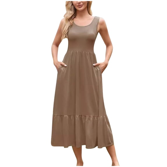 Fashion Women Summer Dresses 2026 Casual Round-Neck Solid Sleeveless Mid Calf Dress