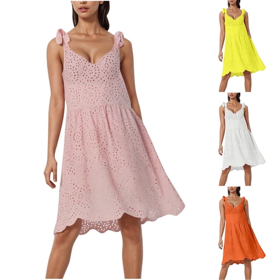 Fashion Women Summer Dresses 2026 Solid Color V-neck Sleeveless Lace Shoulder Strap Hollow Out Embroidery Waist Dress