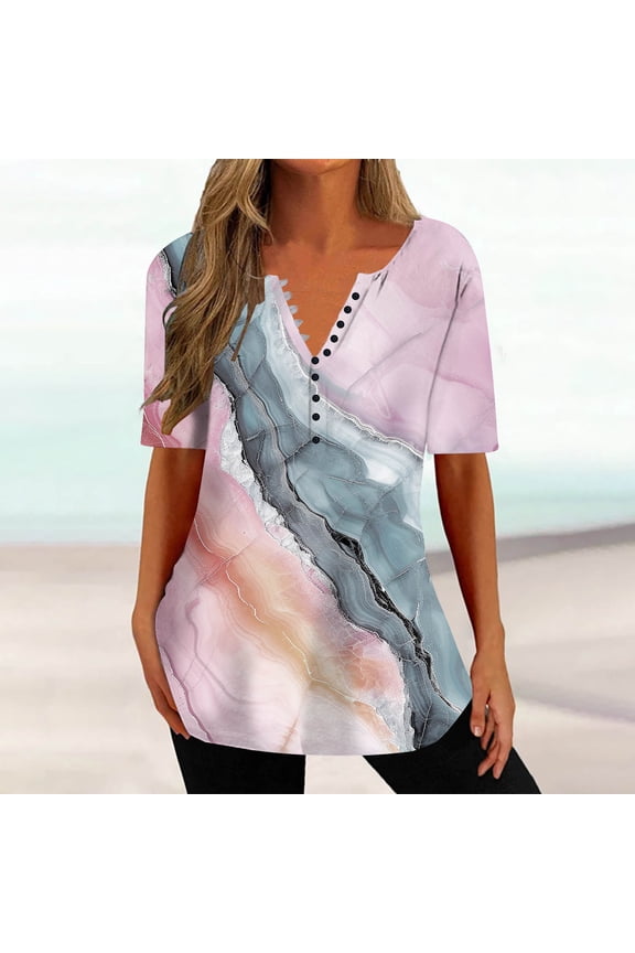 Fashion Women Summer Print V-Neck T-Shirt Short Sleeve Casual Blouse Tops
