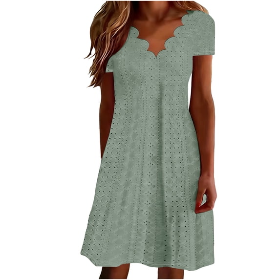 Idoravan Summer Dresses for Women 2026 Casual Dresses for Women Short Sleeve Fashion Women Summer Solid Casual Wave Collar Short Sleeve Mini Dress