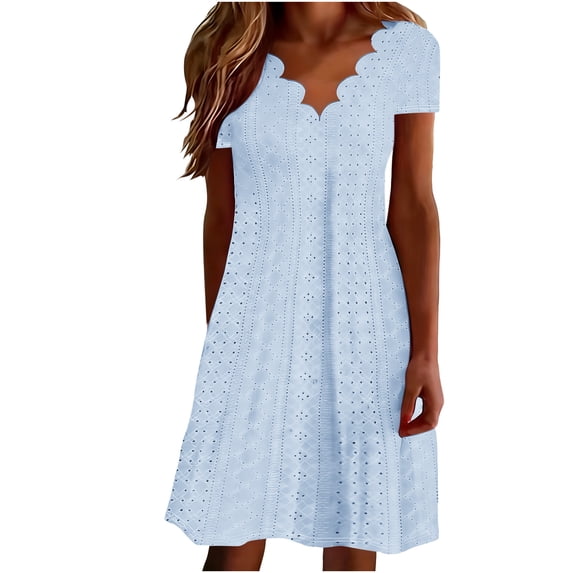 Idoravan Summer Dresses for Women 2026 Casual Dresses for Women Short Sleeve Fashion Women Summer Solid Casual Wave Collar Short Sleeve Mini Dress