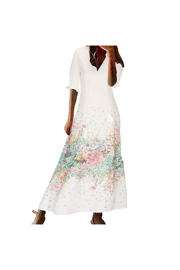 Sun Dresses for Women Plus Size Fashion Casual Spring And Summer V-neck Three-quarter Sleeve Printed Dress Beach Flowy Long Dress S-3XL