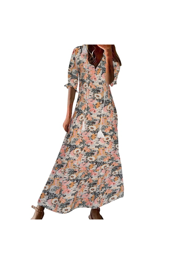 Sun Dresses for Women Plus Size Fashion Casual Spring And Summer V-neck Three-quarter Sleeve Printed Dress Beach Flowy Long Dress S-3XL