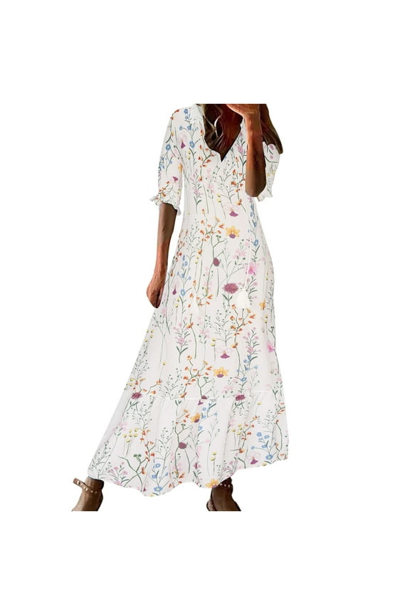 Sun Dresses for Women Plus Size Fashion Casual Spring And Summer V-neck Three-quarter Sleeve Printed Dress Beach Flowy Long Dress S-3XL