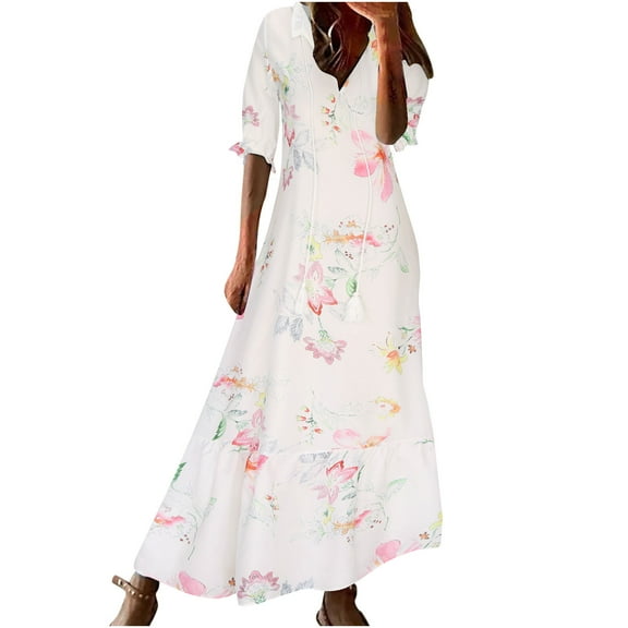 Sun Dresses for Women Plus Size Fashion Casual Spring And Summer V-neck Three-quarter Sleeve Printed Dress Beach Flowy Long Dress S-3XL