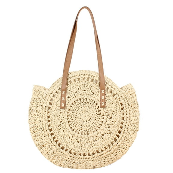 Fashion Women Summer Woven Hollow Round Shoulder Bag Large Capacity Handbag White