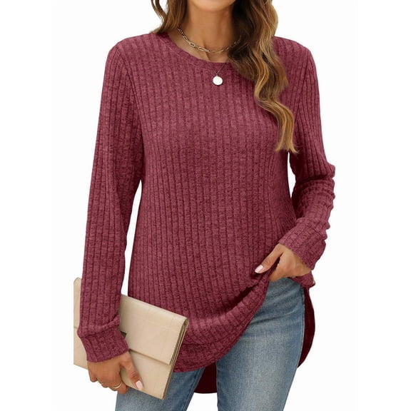 Fashion Women Sweaters Long Sleeve Top Fall Clothes Trendy T-Shirt Blouse Wine Red XL