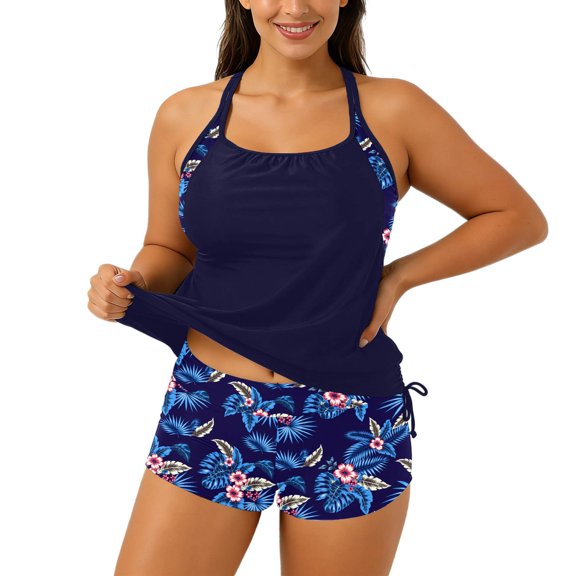 Fashion Women Swimsuit Sexy Ladies Swimwears Set Fashion Tankini Swimsuit With Strappy Top And Pocketed Swim Bottoms Dark Blue1 XL